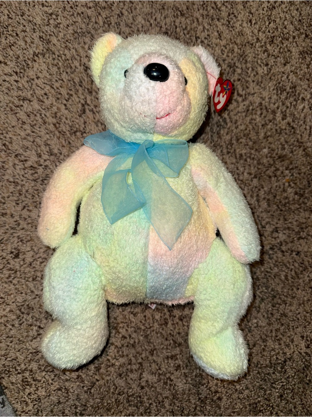 Ty Pastel Multicolor Plush Bear with Blue Organza Bow “Mellow”